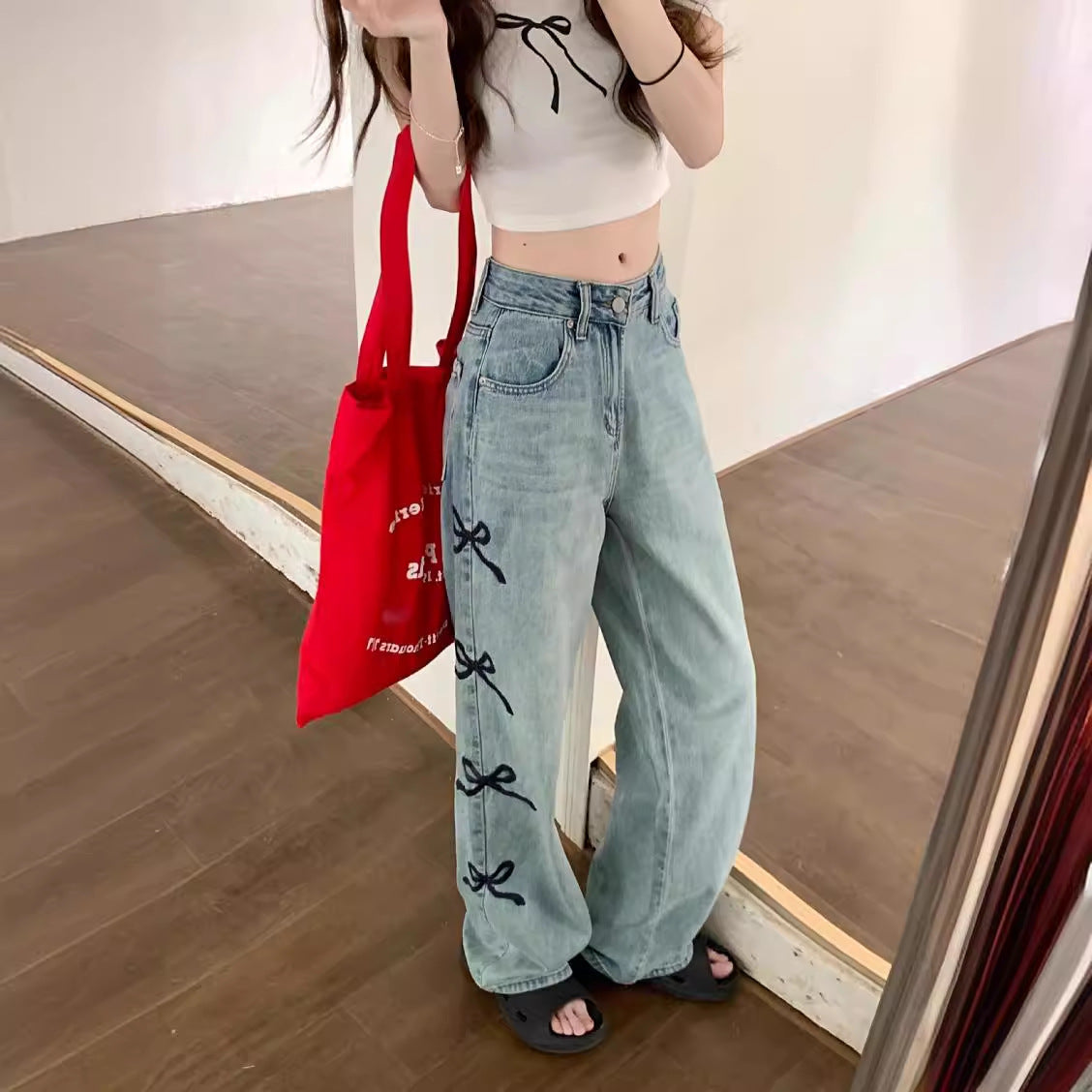 Women's Wide Leg Jeans with Butterfly Embroidery | High Waist Denim Pants