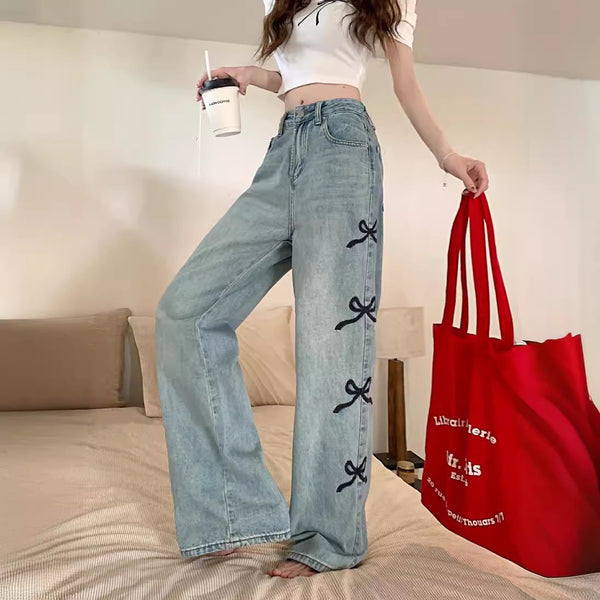 Women's Wide Leg Jeans with Butterfly Embroidery | High Waist Denim Pants