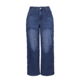 Women's Wide Leg Jeans with Side Snap Button Detail | Full Length High Stretchy Denim