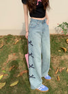 Women's Wide Leg Jeans with Butterfly Embroidery | High Waist Denim Pants