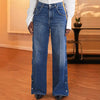 Women's Wide Leg Jeans with Side Snap Button Detail | Full Length High Stretchy Denim