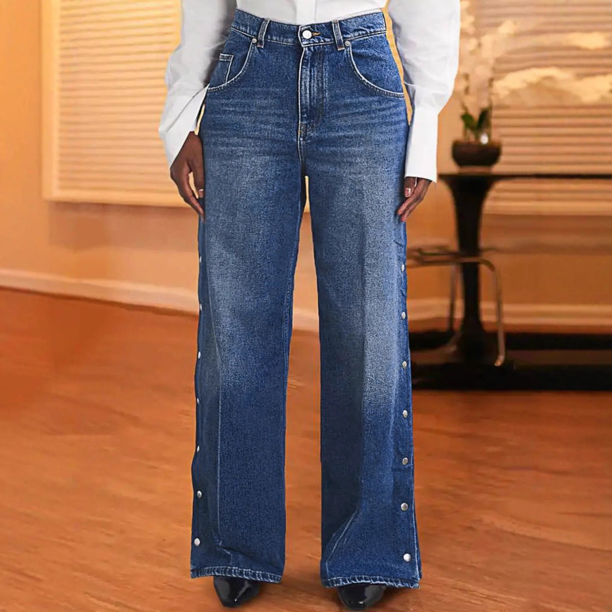 Women's Wide Leg Jeans with Side Snap Button Detail | Full Length High Stretchy Denim