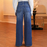 Women's Wide Leg Jeans with Side Snap Button Detail | Full Length High Stretchy Denim