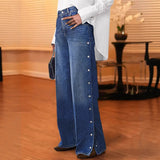 Women's Wide Leg Jeans with Side Snap Button Detail | Full Length High Stretchy Denim