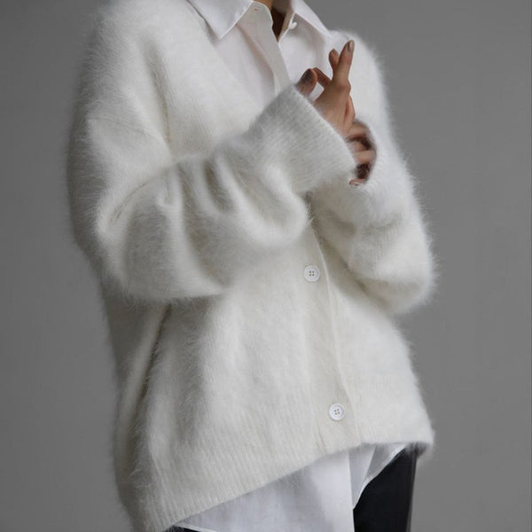 Super Soft Fuzzy Mohair Cardigan – Women's Oversized V-Neck Button Down Sweater