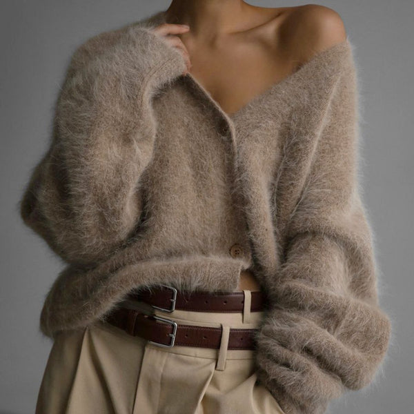 Super Soft Fuzzy Mohair Cardigan – Women's Oversized V-Neck Button Down Sweater