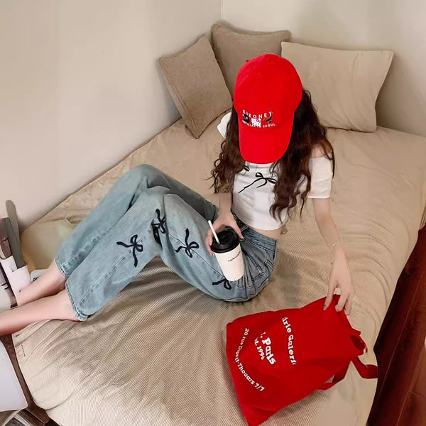 Women's Wide Leg Jeans with Butterfly Embroidery | High Waist Denim Pants