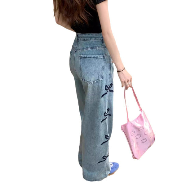 Women's Wide Leg Jeans with Butterfly Embroidery | High Waist Denim Pants