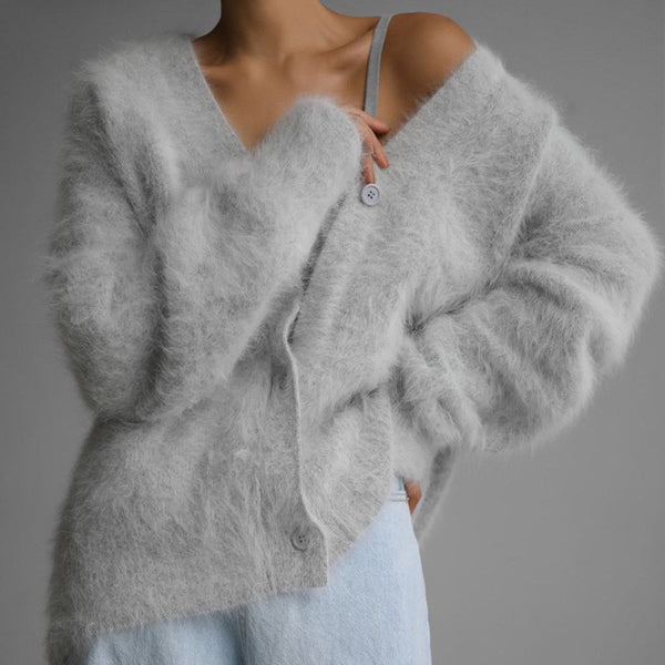 Super Soft Fuzzy Mohair Cardigan – Women's Oversized V-Neck Button Down Sweater