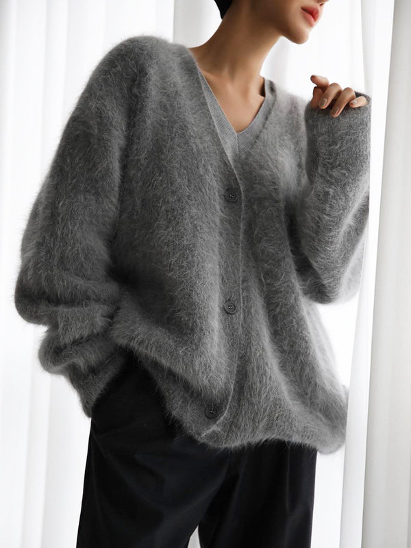 Super Soft Fuzzy Mohair Cardigan – Women's Oversized V-Neck Button Down Sweater