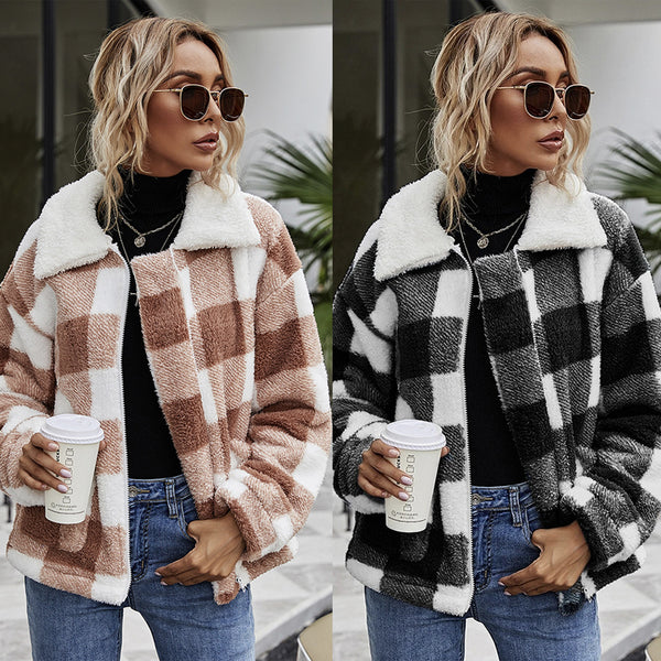 Women’s Oversized Plush Plaid Coat – Warm Long Sleeve Shacket