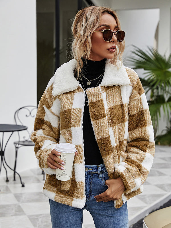 Women’s Oversized Plush Plaid Coat – Warm Long Sleeve Shacket