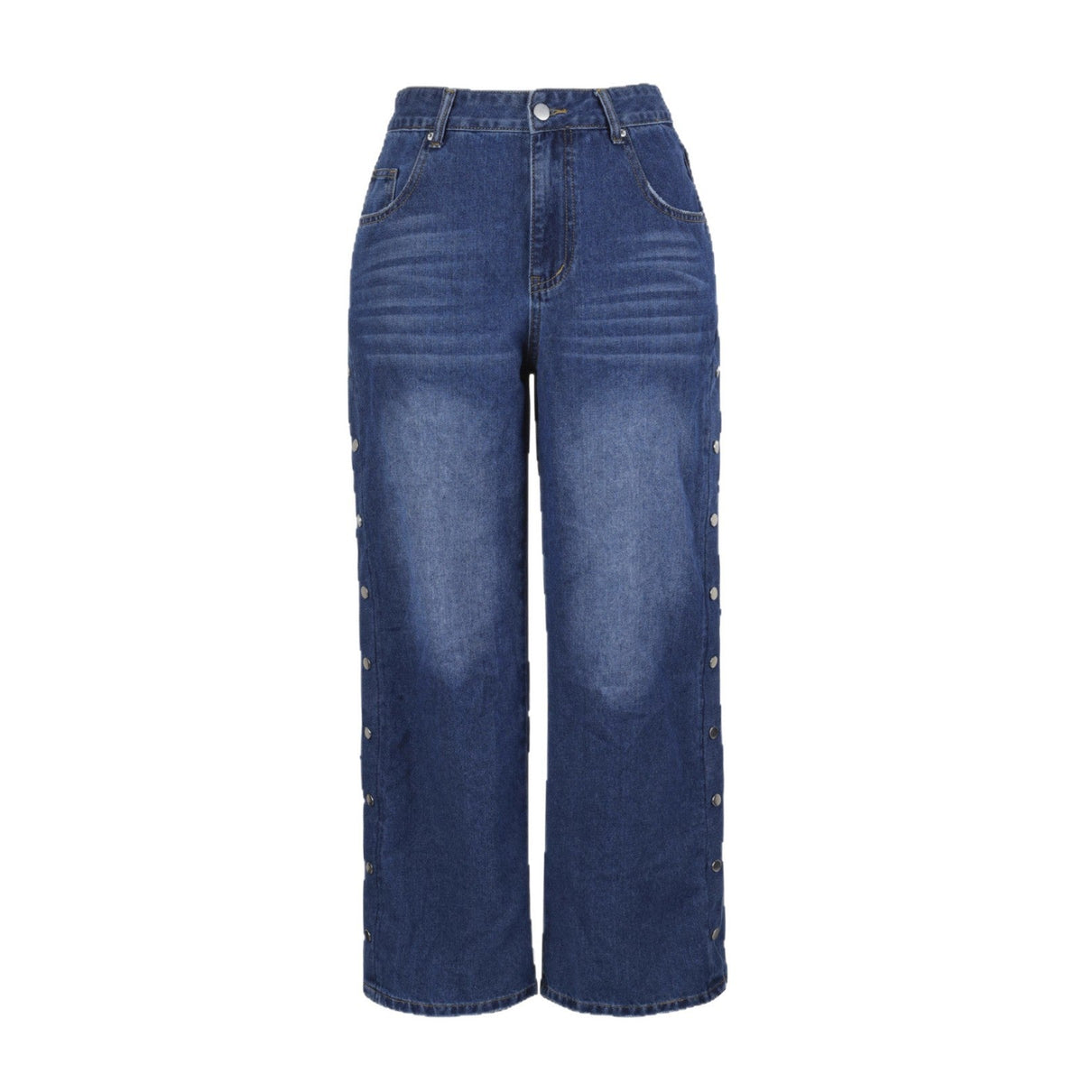 Women's Wide Leg Jeans with Side Snap Button Detail | Full Length High Stretchy Denim