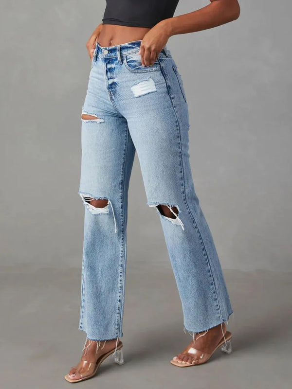 Women's Distressed Straight Leg Jeans Side View