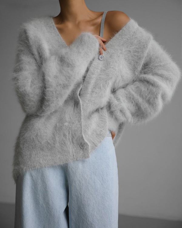 Super Soft Fuzzy Mohair Cardigan – Women's Oversized V-Neck Button Down Sweater