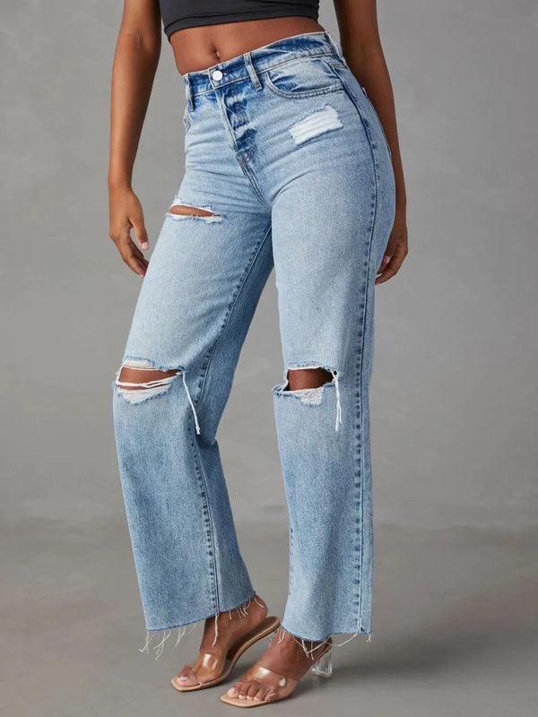Women's Distressed Straight Leg Jeans Back View
