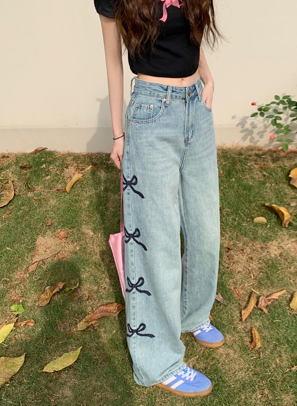 Women's Wide Leg Jeans with Butterfly Embroidery | High Waist Denim Pants