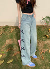 Women's Wide Leg Jeans with Butterfly Embroidery | High Waist Denim Pants