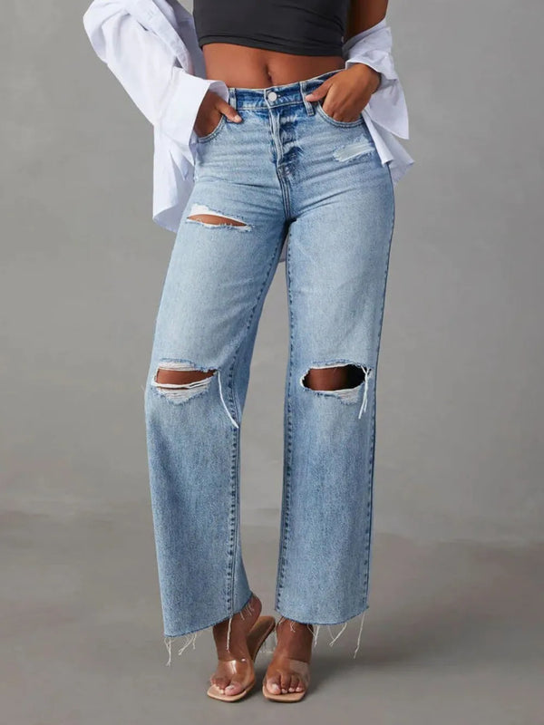Women's Distressed Straight Leg Jeans Front View