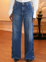 Women's Wide Leg Jeans with Side Snap Button Detail | Full Length High Stretchy Denim
