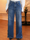 Women's Wide Leg Jeans with Side Snap Button Detail | Full Length High Stretchy Denim