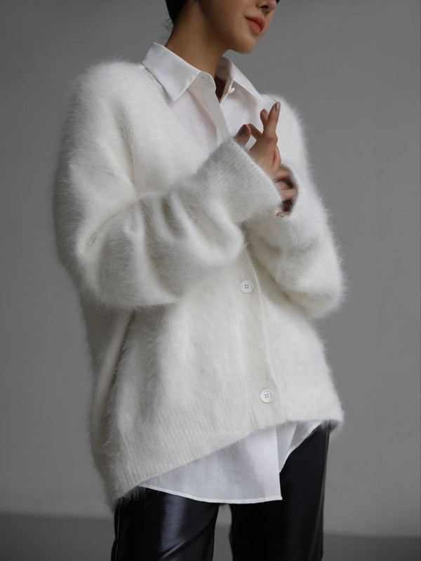 Super Soft Fuzzy Mohair Cardigan – Women's Oversized V-Neck Button Down Sweater